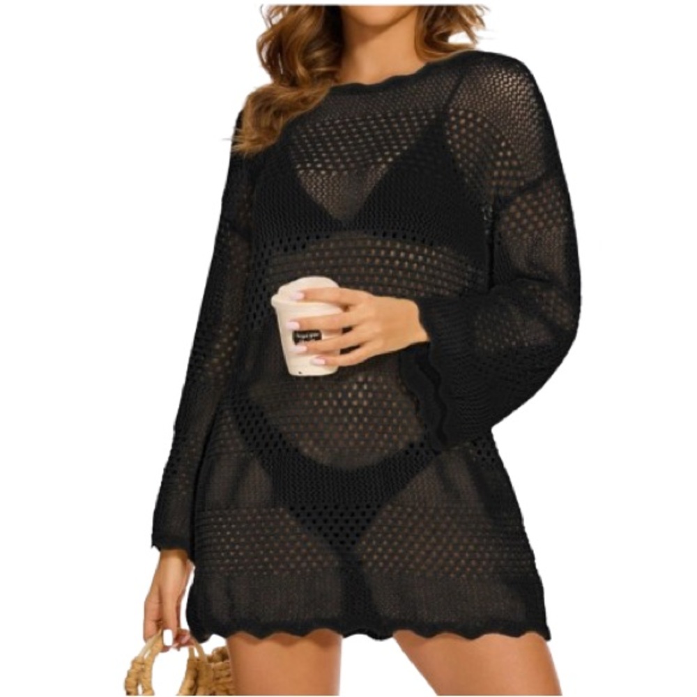 🆕 Women's Crochet Quarter Sleeve Tunic Dress Summer Beach Swim Cover-Up